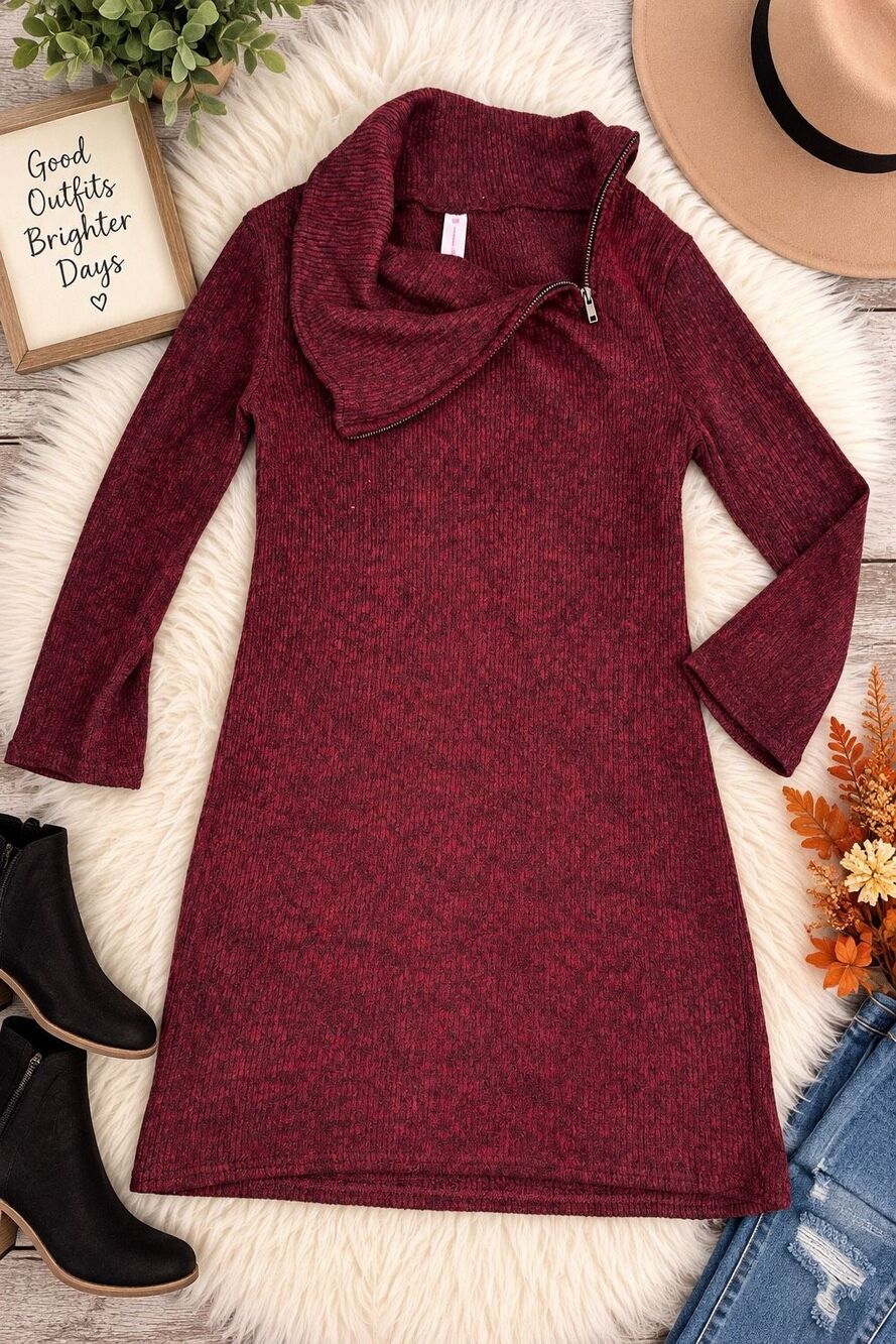 No Boundaries Juniors XL 15-17 Burgundy Marled Knit Cowl Neck Zip Sweater Dress